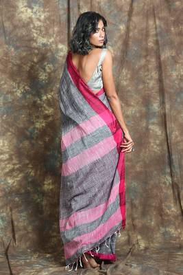Grey plain blended cotton saree with blouse 3