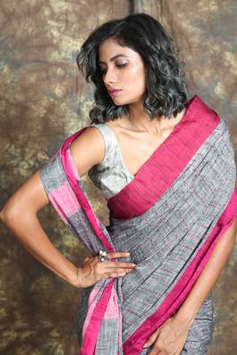 Grey plain blended cotton saree with blouse 4