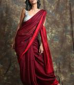 Dark red plain blended cotton saree with blouse