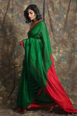 Green plain blended cotton saree with blouse 2