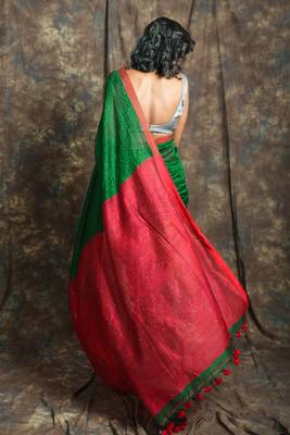 Green plain blended cotton saree with blouse 3