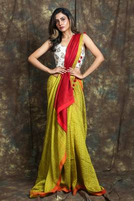 Lime plain blended cotton saree with blouse 1