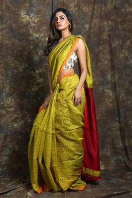 Lime plain blended cotton saree with blouse 2