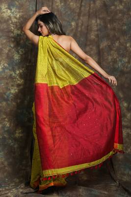 Lime plain blended cotton saree with blouse 3