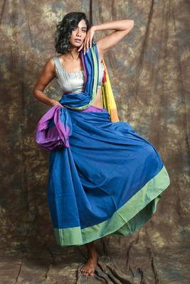 Blue plain blended cotton saree with blouse 1