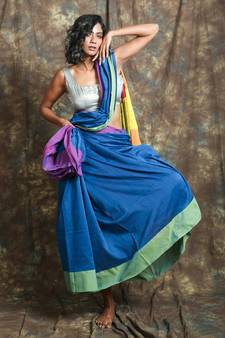 Blue plain blended cotton saree with blouse
