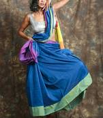 Blue plain blended cotton saree with blouse