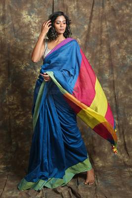 Blue plain blended cotton saree with blouse 2