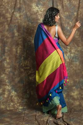 Blue plain blended cotton saree with blouse 3