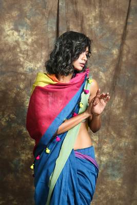 Blue plain blended cotton saree with blouse 4