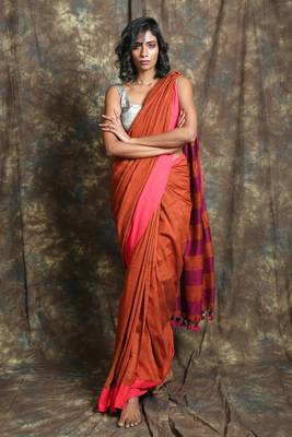 Rust plain blended cotton saree with blouse 1