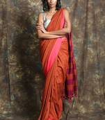 Rust plain blended cotton saree with blouse
