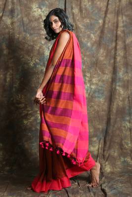 Rust plain blended cotton saree with blouse 2