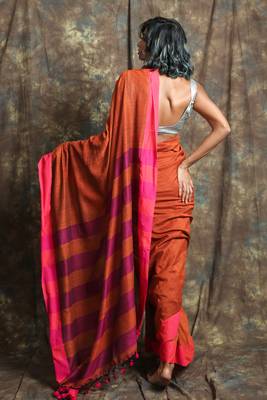 Rust plain blended cotton saree with blouse 3