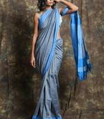 Grey plain blended cotton saree with blouse