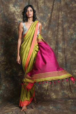 Olive plain blended cotton saree with blouse 1