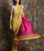 Olive plain blended cotton saree with blouse