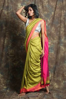 Olive plain blended cotton saree with blouse 2