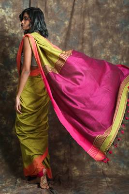 Olive plain blended cotton saree with blouse 3