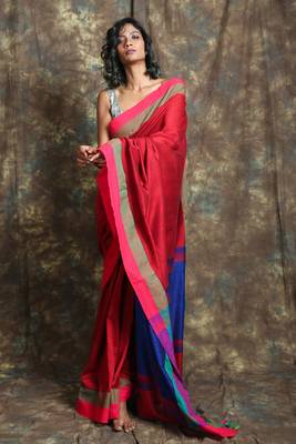 Red plain blended cotton saree with blouse 1