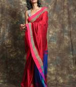 Red plain blended cotton saree with blouse
