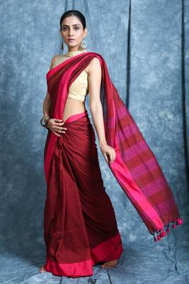 Maroon plain blended cotton saree with blouse 2