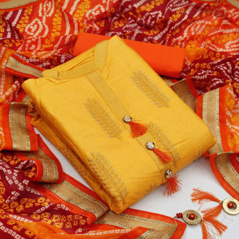 Dark-yellow embroidered cotton salwar