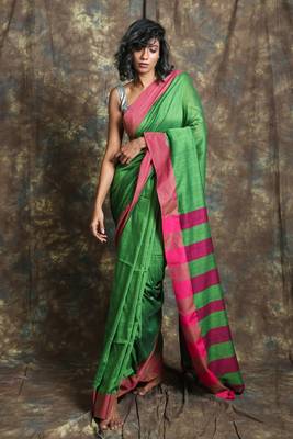 Green plain blended cotton saree with blouse 1