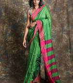 Green plain blended cotton saree with blouse