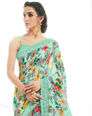 Green printed georgette saree with blouse 2