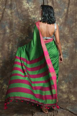 Green plain blended cotton saree with blouse 3
