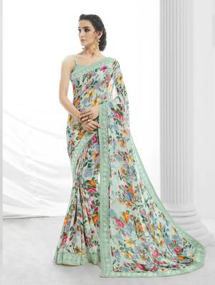Light green printed georgette saree with blouse 1