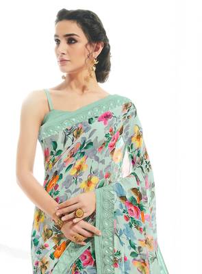Light green printed georgette saree with blouse 2