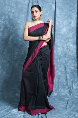 Black plain blended cotton saree with blouse 1