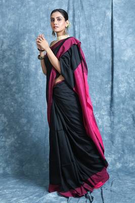 Black plain blended cotton saree with blouse 2