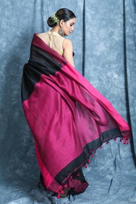 Black plain blended cotton saree with blouse 3