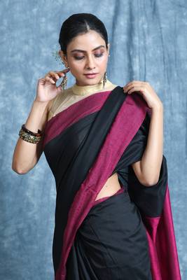 Black plain blended cotton saree with blouse 4