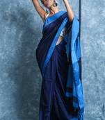 Dark blue plain blended cotton saree with blouse