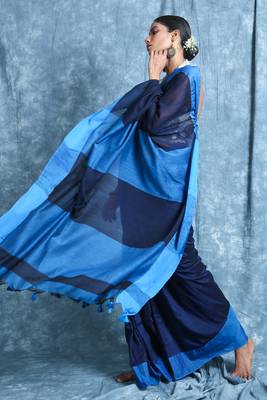 Dark blue plain blended cotton saree with blouse 2