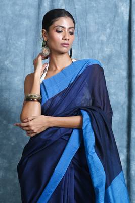 Dark blue plain blended cotton saree with blouse 4