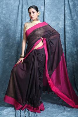 Brown plain blended cotton saree with blouse 1