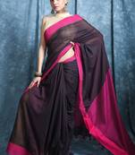 Brown plain blended cotton saree with blouse