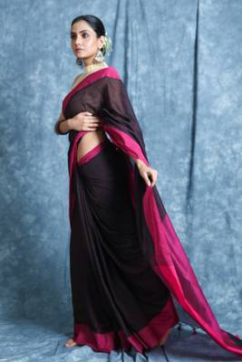 Brown plain blended cotton saree with blouse 2