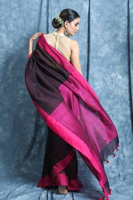 Brown plain blended cotton saree with blouse 3