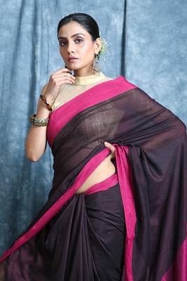 Brown plain blended cotton saree with blouse 4