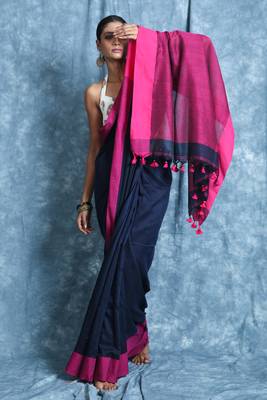 Navy blue plain blended cotton saree with blouse 1