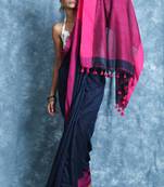 Navy blue plain blended cotton saree with blouse