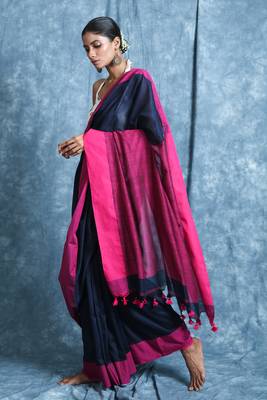 Navy blue plain blended cotton saree with blouse 2