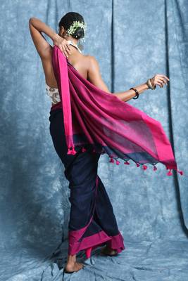Navy blue plain blended cotton saree with blouse 3