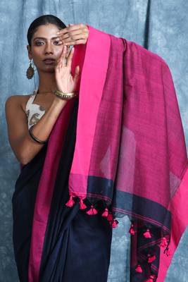 Navy blue plain blended cotton saree with blouse 4